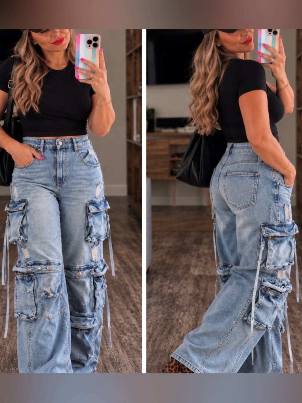 90s Y2K Baggy Distressed Cargo Jeans – Light Wash – New
